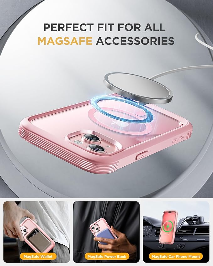 Miracase Magnetic for iPhone 15 Plus Case 6.7'' [Compatible with Magsafe] Full-Body Military Drop Proof 15 Plus Phone Case Cover with Built-in 9H Tempered Glass Screen Protector,Magnetic Pink