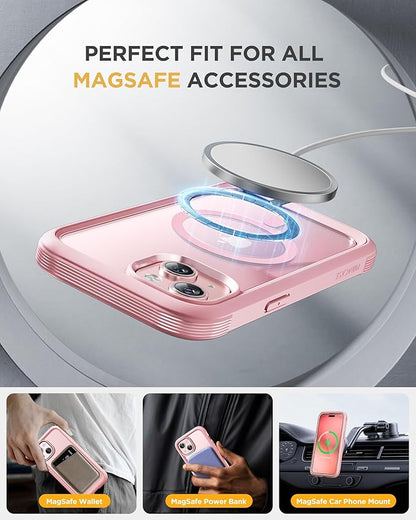 Miracase Magnetic for iPhone 15 Plus Case 6.7'' [Compatible with Magsafe] Full-Body Military Drop Proof 15 Plus Phone Case Cover with Built-in 9H Tempered Glass Screen Protector,Magnetic Pink
