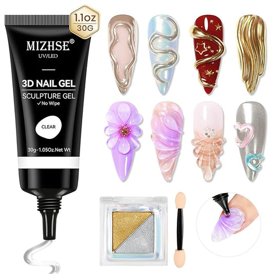 MIZHSE 3D Nail Gel 30G Clear 3D Gel Nail Art 3D Sculpting Gel with Chrome Powder for Nail Art Nail Design Molding Gel for Nails No Wipe Nail Supply U V LED Gel Polish for Nail Art Sculpture Home DIY
