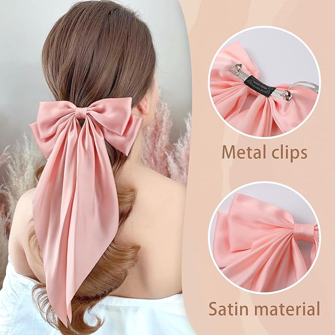 6 PCS Hair Bows for Women, Big Bow Hair Clips for Girls, Silky Satin Hair Bows Clips Oversized Long Tail, Large Hair Barrettes Cute Hair Accessories, Metal Bow Hair Clips khaki color