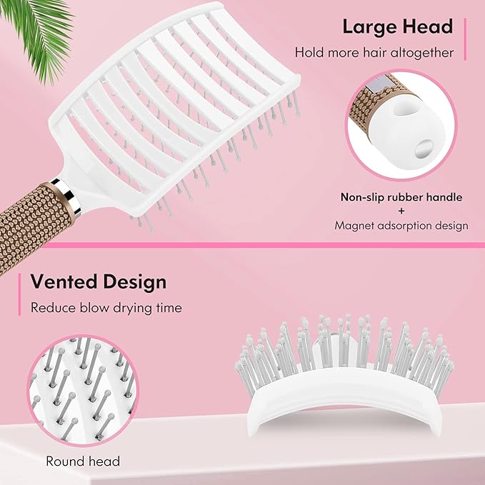 Bsisme Hair Brush, Curved Vented Brush for Faster Blow Drying, Professional Styling Hair Brushes for Women and Men, Paddle Detangling Brush for Wet Dry Curly Thick Straight Hair, Pink