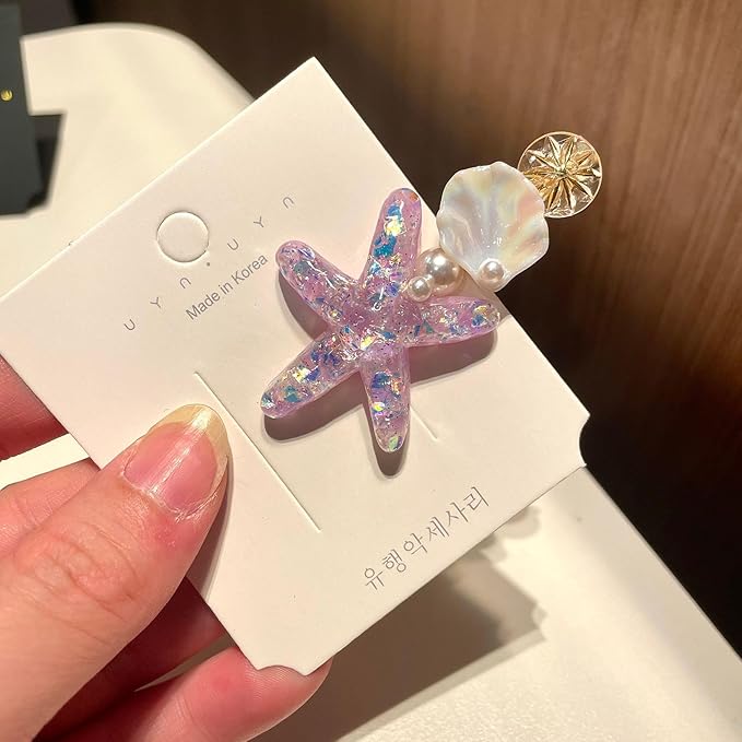 5 Pcs Starfish Seashell Hair Clips Mermaid Costume Pearl Beach Ocean Hair Accessories Women and Girls （Purple）
