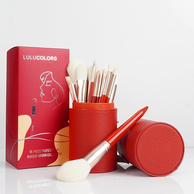 18-Piece Makeup Brush Set with Holder Case – Complete Makeup Brush Collection for Flawless Makeup Application in Red -Soft Bristles (Red)