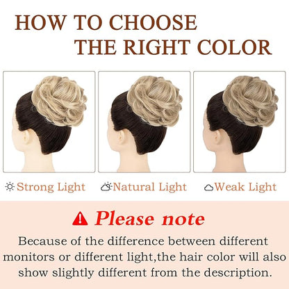 MORICA 1PCS Messy Hair Bun Hair Scrunchies Extension Curly Wavy Messy Bun Hair Synthetic Chignon Hairpieces for Women(16H613(Light Ash Brown & Bleach Blonde))