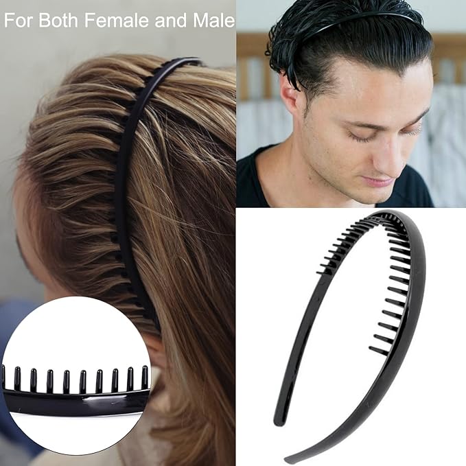 8 PCS Fashion Effortless Plastic Headbands with Teeth Comb Black Skinny Headbands No Slip Hair Accessories Bands for Women Men Teen Girls, Leopard&Bright Black