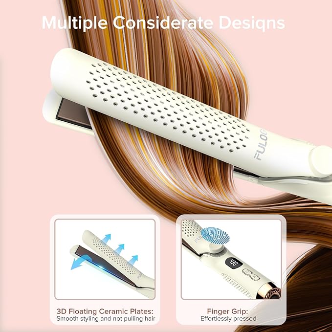 360° Airflow Styler Curling Iron, 1.25 Inch Hair Straightener and Curler 2 in 1, LED Display Curling Flat Iron with Cooling Air Vents to Lock in Style, Adjustable Temp Curling Wand (White)