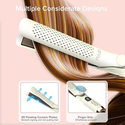 360° Airflow Styler Curling Iron, 1.25 Inch Hair Straightener and Curler 2 in 1, LED Display Curling Flat Iron with Cooling Air Vents to Lock in Style, Adjustable Temp Curling Wand (White)