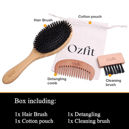 100% Boar Bristle Hair Brush - Natural Bamboo Hair Brush for Men & Women, Promotes Hair Growth, Includes Travel Bag & Cleaner