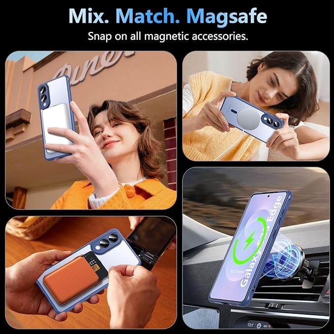 OWKEY for Samsung Galaxy S25 Edge Case 6.65'',Magnetic S25 Edge Case for Magsafe with Tempered Glass Screen, [Shockproof Military] Translucent Back Slim Bumper Cover Phone Case Galaxy s25 Edge,Blue