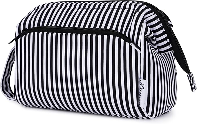 Narwey Striped Makeup Bag Women Wide-open Make up Bag Travel Cosmetic Bag Organizer Toiletry Bag for Cosmetics Toiletries Accessories (Black Stripe)