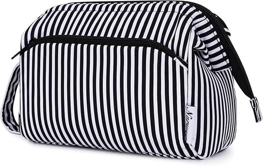 Narwey Striped Makeup Bag Women Wide-open Make up Bag Travel Cosmetic Bag Organizer Toiletry Bag for Cosmetics Toiletries Accessories (Black Stripe)