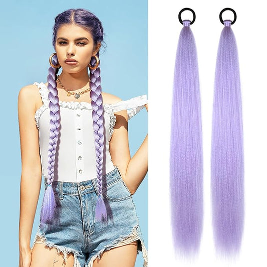 2 Pack Purple Ponytail Extension with Elastic Tie Straight Sleek Wrap Around Braid Ponytail Light Purple 26 Inch (Light Purple#)