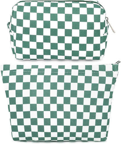 2 Pcs Checkered Makeup Bag Large Cosmetic Bag Toiletry Bag Makeup Pouch Travel Bag Organizer Cute Makeup Brushes Aesthetic Accessories Storage Bag for Women Olive Green