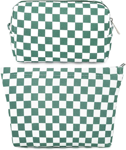 2 Pcs Checkered Makeup Bag Large Cosmetic Bag Toiletry Bag Makeup Pouch Travel Bag Organizer Cute Makeup Brushes Aesthetic Accessories Storage Bag for Women Olive Green
