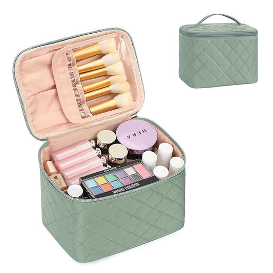 OCHEAL Makeup Bag, Large Capacity Travel Make Up Bag for Cosmetics Vertical Storage,Toiletry Bag for Skincare Makeup Organizer Bag-Green Nylon