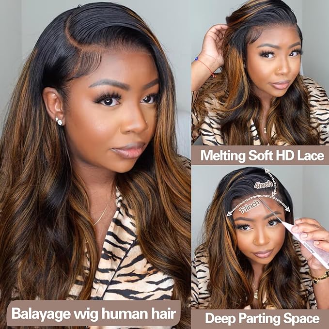 13x4 Body Wave Lace Front Wigs Human Hair 180 Density FB/30 Balayage Ombre Lace Front Wig Human Hair Pre Plucked with Natural Hairline HD Full Frontal for Black Women 18 Inch