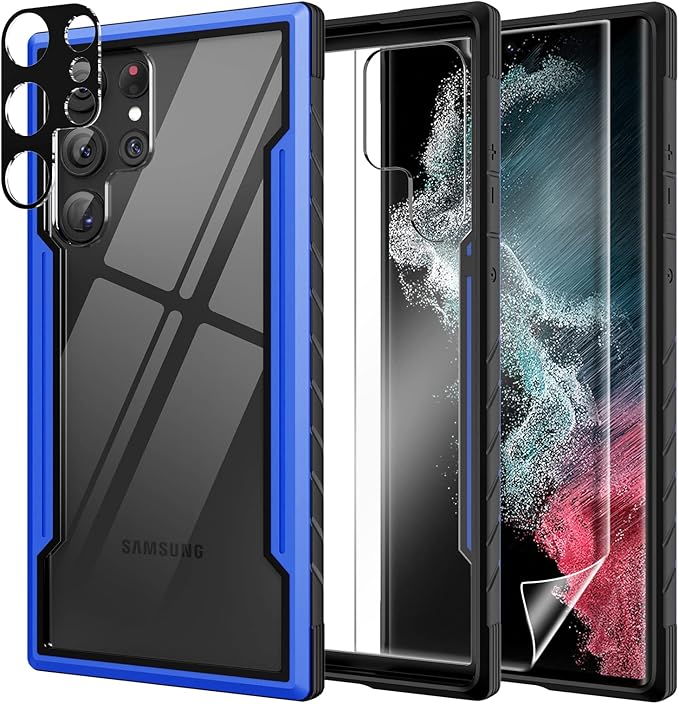 for Samsung Galaxy S22 Ultra Case-Aluminum Frame-10 FT Drop Tested,S22 Ultra Case with 1 Pack Camera Lens Protector+1 Pack Soft Screen Protector,Shockproof-Slim for S22 Ultra Case 6.8" (Blue)