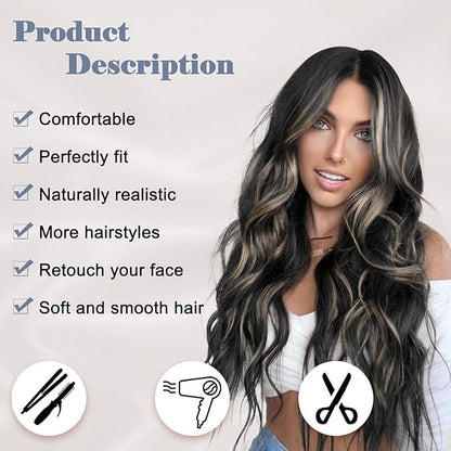 NAYOO Long Black Mixed Blonde Wavy Wig for Women 26 Inch Middle Part Curly Wavy Wig Natural Looking Synthetic Heat Resistant Fiber for Daily Party (Black Mixed Blonde)