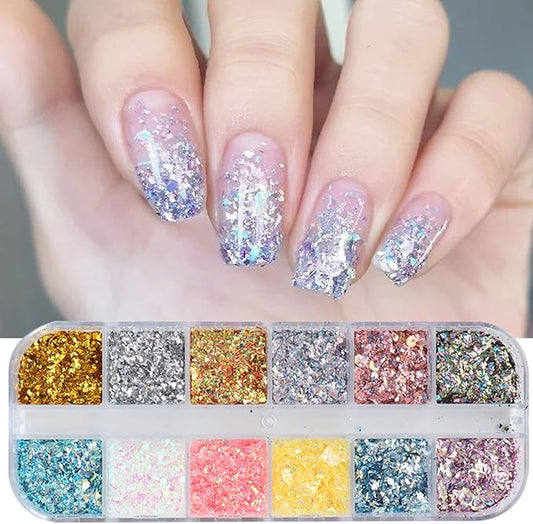 12 Colors Glitter Nail Art Sequins, Holographic Irregular Iridescent Shiny Nail Flakes Decorations 3D Ultra-Thin Powder Nail Art Design for Women Manicure Sparkly Acrylic Supplies, Resin Nail Art Tips