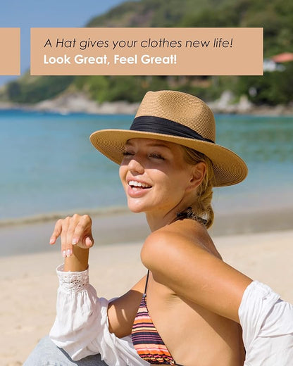FURTALK Womens Mens Wide Brim Straw Panama Hat Fedora Summer Beach Sun Hat UPF Straw Hat for Women