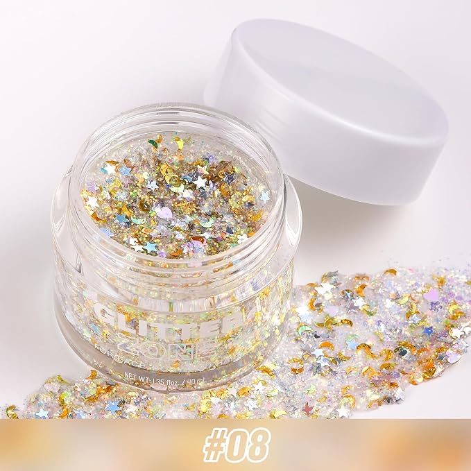 LANGMANNI Holographic Body Glitter Gel for Body, Face, Hair and Lip.Color Changing Glitter Gel Under Light. Vegan & Cruelty Free-1.35 oz (8# Golden Starlight)