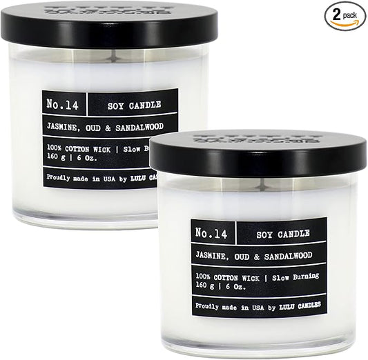 Lulu Candles | Jasmine, Oud & Sandalwood |Luxury Scented Soy Jar Candle | Hand Poured in The USA | Highly Scented & Long Lasting (6 Oz. 2 Pack)