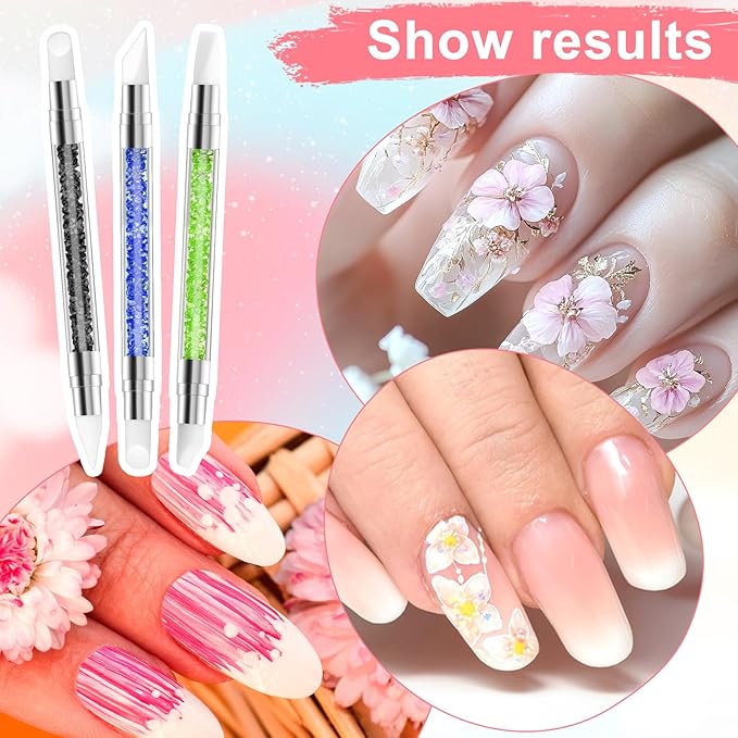 3 Pcs Nail Art Sculpture Pen, Dual Tipped Silicone Nail Tools, Silicone Head Acrylic Handle Nail Art Brushes, Rhinestone Nail Polish Carving Pen, Nail Art Tools for Home Salon(Black Green Royal Blue)