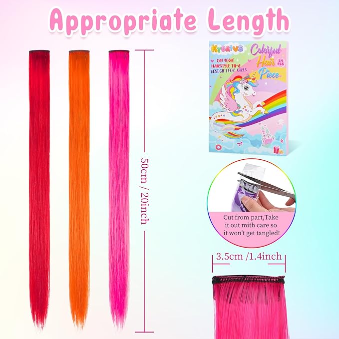 24PCS Colored Clip in Hair Extensions Birthday Gift for Girls Age 4 5 6 7 8-10-12 Year Old, 20Inch Colorful Hair Accessories Rainbow Hairpieces Christmas Stocking Stuffers for Girls Easter Valentines