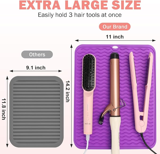 Oversize Silicone Heat Resistant Mat for Curling Iron, Hair Straightener, Flat Irons and Hot Hair Styling Tools, Portable Wrap Cover with for Home Travel Gym Salon(14.2" x 11") (Purple)