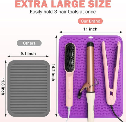 Oversize Silicone Heat Resistant Mat for Curling Iron, Hair Straightener, Flat Irons and Hot Hair Styling Tools, Portable Wrap Cover with for Home Travel Gym Salon(14.2" x 11") (Purple)