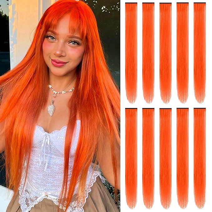 22 inch Colored Hair Extensions, Multi-colors Party Highlights Clip in Synthetic Hairpiece for Halloween Girl Women Kids Party Gift(10 PCS Orange)