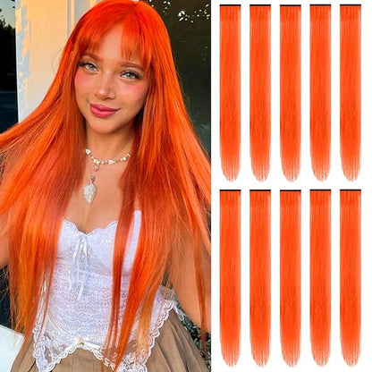 22 inch Colored Hair Extensions, Multi-colors Party Highlights Clip in Synthetic Hairpiece for Halloween Girl Women Kids Party Gift(10 PCS Orange)