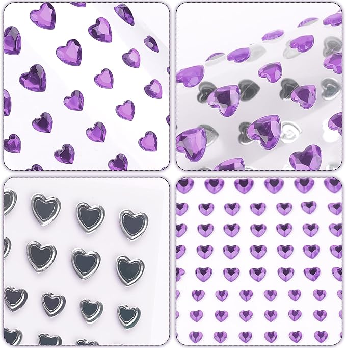 264Pcs Heart Face Gems Love Gems, Self-Adhesive Face Jewels Rhinestones 5/7/10 mm DIY Face Gems Stick on, Valentine Makeup Gems Rave Accessories for Face Eyes Hair Makeup Body, Crafts (Purple)