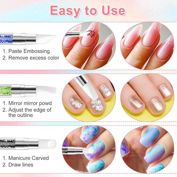 3 Pcs Nail Art Sculpture Pen, Dual Tipped Silicone Nail Tools, Silicone Head Acrylic Handle Nail Art Brushes, Rhinestone Nail Polish Carving Pen, Nail Art Tools for Home Salon(Black Green Royal Blue)