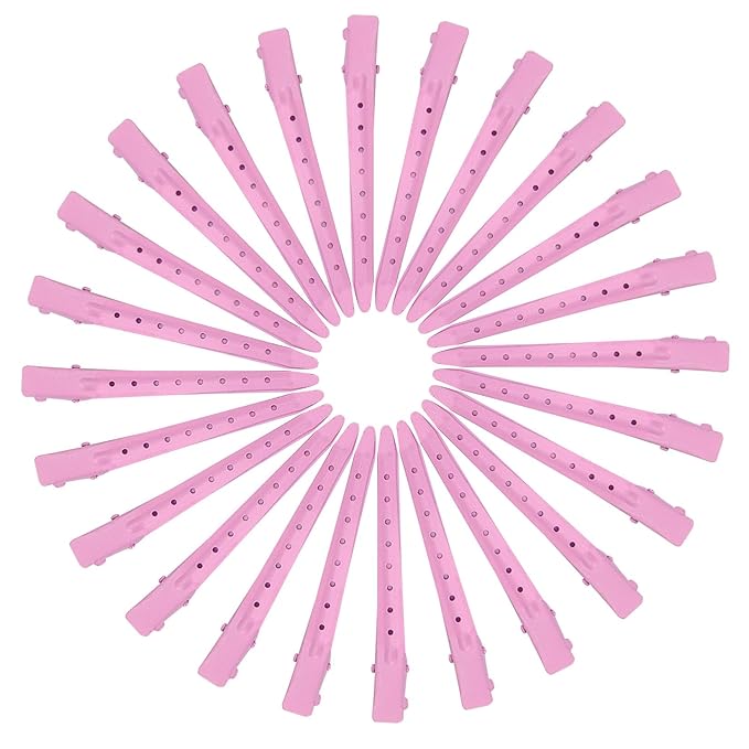 24 Packs Duck Bill Clips, Bantoye 3.35 Inches Rustproof Metal Alligator Curl Clips with Holes for Hair Styling, Hair Coloring, Pink