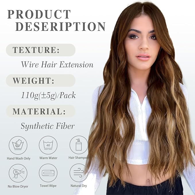 MORICA Invisible Wire Hair Extensions - 20 Inch Honey Blonde Mixed Light Brown Long Wavy Synthetic Hairpiece with Transparent Wire Adjustable Size, 4 Secure Clips for Women