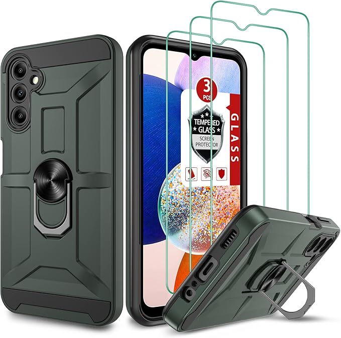 for Galaxy A14 5G Case, for Galaxy A14 5G Case with [3X Tempered Glass Screen Protector], Built-in Ring Kickstand and Magnetic Car Mount Shockproof Dropproof Armor Case for Galaxy A14 5G - Green