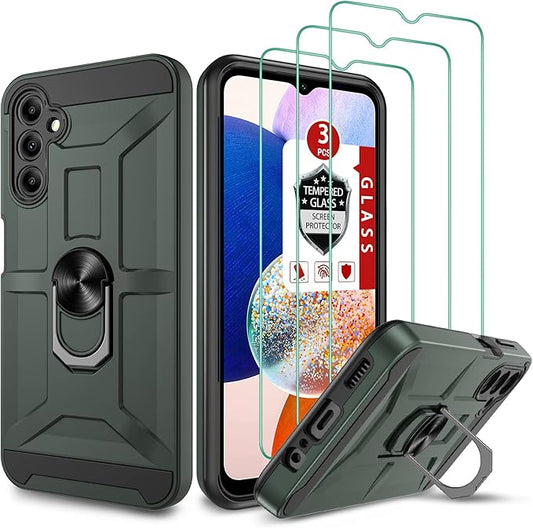 for Galaxy A14 5G Case, for Galaxy A14 5G Case with [3X Tempered Glass Screen Protector], Built-in Ring Kickstand and Magnetic Car Mount Shockproof Dropproof Armor Case for Galaxy A14 5G - Green