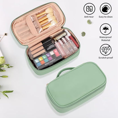 OCHEAL Small Makeup Bag,Portable Cute Travel Makeup Bag Pouch for Women Girls Makeup Brush Organizer Cosmetics Bags with Compartment-Light Green