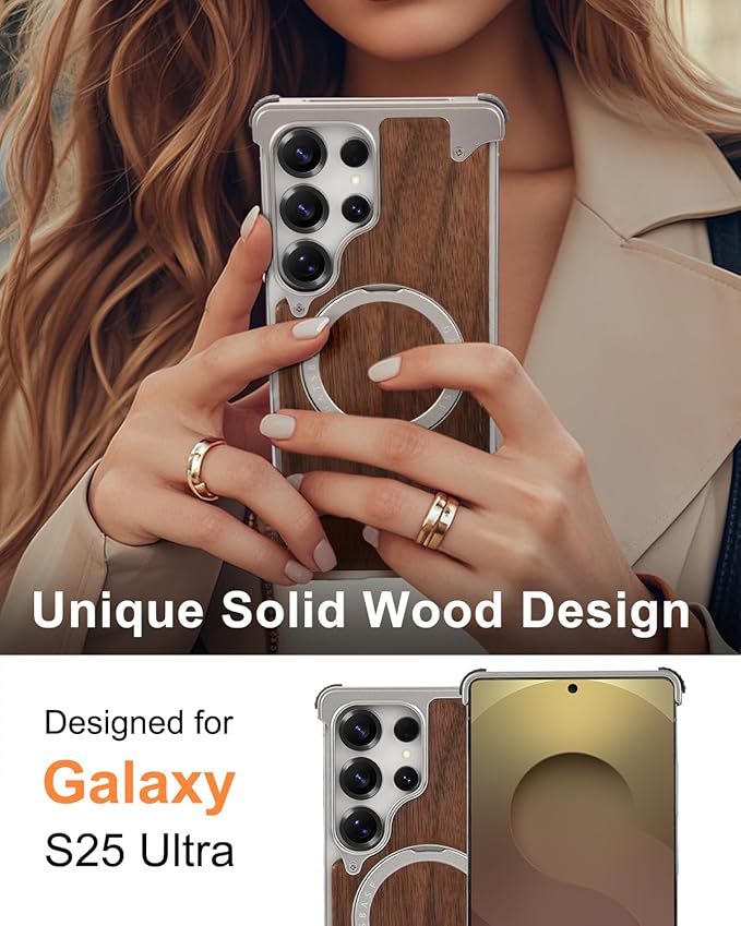 OATSBASF Magnetic Wood Case Compatible with Samsung Galaxy S25 Ultra, [Natural Wood & Aluminum] Shockproof Protective Cover Unique Wooden Case with 360° Ring Stand, Natural Titanium