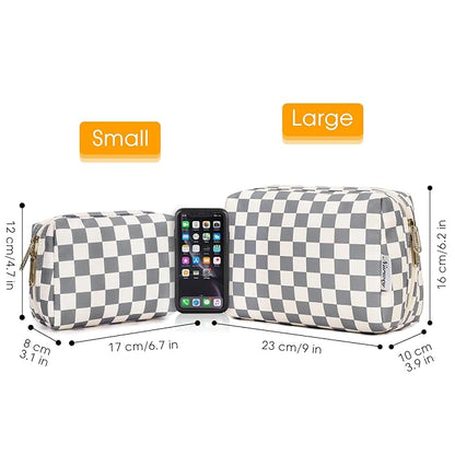 Narwey Small Checkered Makeup Bag for Purse Mini Cosmetic Bag Travel Makeup Pouch Zipper Pouch Cute Make up Bags with Compartments for Women Girls (Grayish Blue Checkerboard, Small)