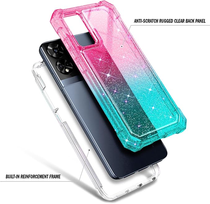 Designed for TCL 50 XE 5G Phone Case, 50 XE NXTPAPER 5G Case with Screen Protector, [Raised Corners Drop Protection] Full-Body Protective Shockproof Rugged Bumper Cover (Glitter Pink/Aqua)