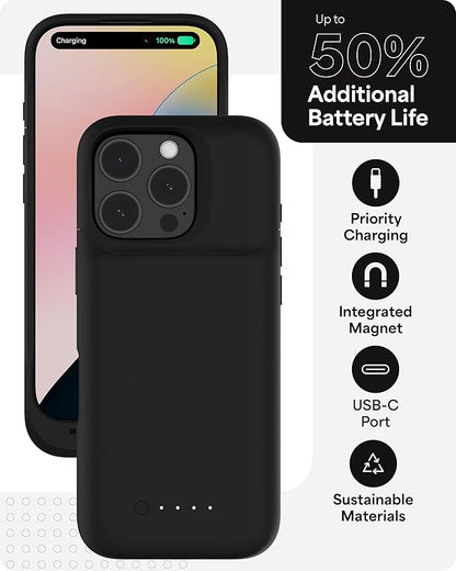 mophie Juice Pack Battery Case for iPhone 16 Pro - Slim Charging Case, Magnetic Back for Wallets & Mounts, +50% Extra Battery Life, Enhanced 6-Foot Drop Protection, Sustainable Material, Black