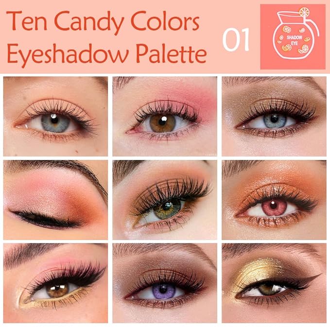 Ten-Color Eyeshadow Palette, Nude Brown Pink Yellow Orange 10 Series Shimmer and Matte Shades, Blendable Powder, Create Exquisite Eye Makeup, Vegan and Cruelty-Free, Built-In Mirror and Brush, 01#
