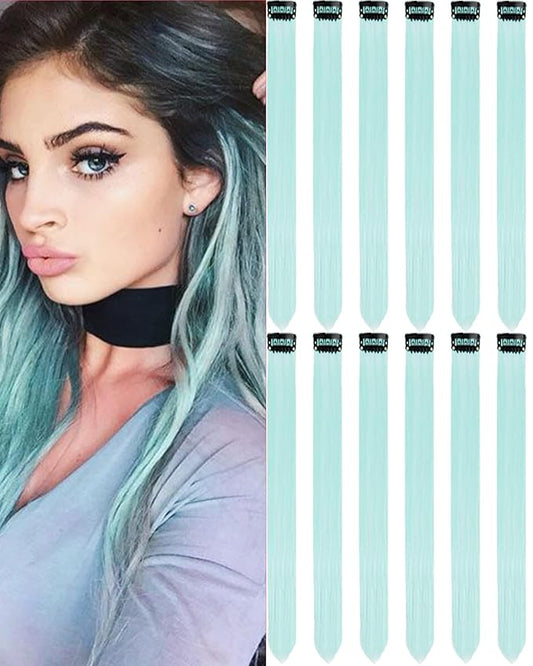 12 PCS Teal Hair Extensions Clip in, 20-inch Colored Party Synthetic Neon Highlights Extensions, Cyan Hair Accessories for Kids Girls Women Hair Pieces (Mint Green)