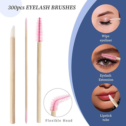300 pcs Eyelash Extension Supply Kits 200pcs Disposable Double pointed head Wooden Micro Swab Brush 50pcs Eyebrow Spoolie 50pcs Lip Brush Mascara Wand Applicator Eyelashes Tool (Bamboo pink kits)