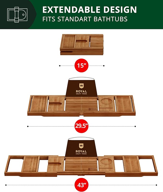 ROYAL CRAFT WOOD Premium Foldable Bathtub Tray - Expandable Bath Tray for Tub - Luxury Bathtub & Bathroom Accessories