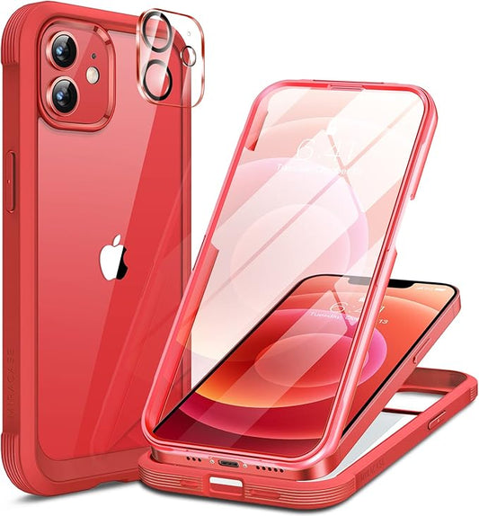 Miracase Glass Series for iPhone 12/12 Pro - Full-Body Rugged Protective Case with Built-in 9H Tempered Glass Screen Protector and Camera Lens Protector - Red