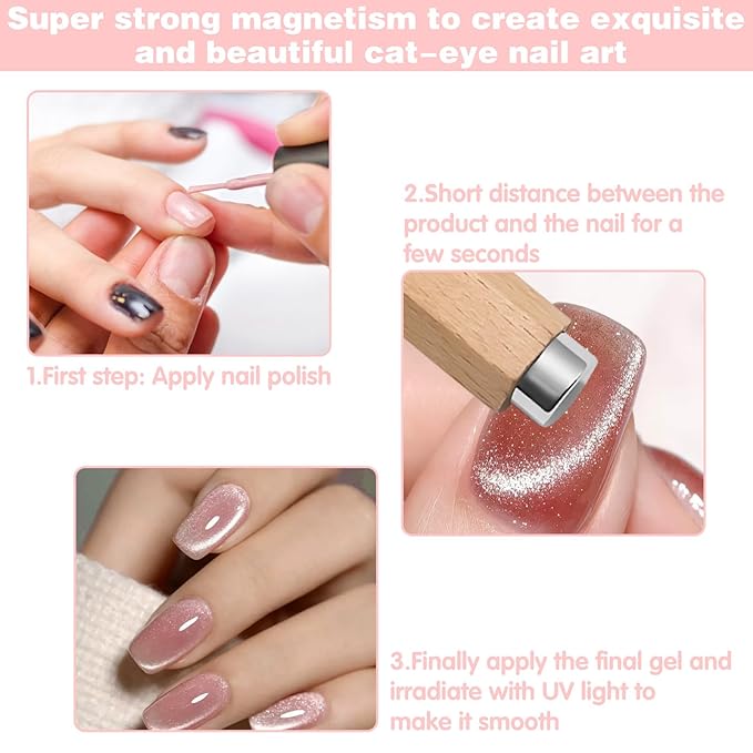 3 in 1 Wooden Handle Nail Magnet Cat Eye Magnet, Versatile Magnet Tool for Nails, Magnet for Cat Eye Gel Polish, Nail Magnets Suitable for Nail Art Magnet for Nail Polish Suitable for Nail Art