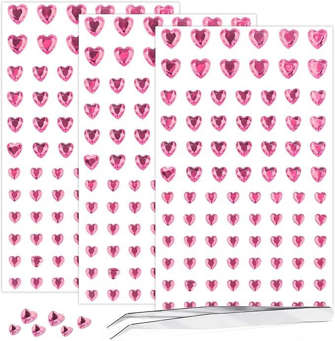 264Pcs Heart Face Gems Love Gems, Self-Adhesive Face Jewels Rhinestones 5/7/10 mm DIY Face Gems Stick on, Valentine Makeup Gems Rave Accessories for Face Eyes Hair Makeup Body, Crafts (Pink)